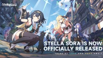 1boy 6+girls :d ahoge amber_(stella_sora) black_cat black_hair black_leotard black_vest blonde_hair blue_dress blue_eyes blue_hair blue_skirt blue_sky breasts cat cellphone chitose_(stella_sora) cleavage cloud commentary cup day disposable_cup dress drinking dual_persona english_commentary english_text female_tyrant_(stella_sora) flip_phone framed_breasts full_body gradient_hair grey_hair hair_over_one_eye high_ponytail highres holding holding_cup holding_phone iris_(stella_sora) juliet_sleeves lamppost large_breasts leotard long_hair long_sleeves male_tyrant_(stella_sora) medium_hair miniskirt minova_(stella_sora) monolith_(object) motor_vehicle multicolored_hair multiple_girls neuvira_(stella_sora) new_star_guild_(stella_sora) noya_(stella_sora) official_art one_eye_covered open_mouth open_window orange_hair outdoors phone pink_eyes ponytail puffy_sleeves riding_scooter scooter selfie shirt short_hair side_ponytail sideless_dress sideless_shirt skirt sky sleeveless sleeveless_dress sleeveless_shirt smile squatting star-shaped_pupils star_(symbol) stella_sora streaked_hair string_of_flags sunglasses symbol-shaped_pupils tilia_(stella_sora) town tyrant_(stella_sora) very_long_hair vest vollara_(stella_sora) white_shirt window yellow_eyes