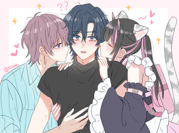 Rule 34 | 3boys, ?, ??, ahoge, animal ears, black shirt, blue hair, cho kaguya-hime!, closed eyes, commentary request, crossdressing, crossdressing (mtf), detached sleeves, heart, highres, imminent kiss, komazawa noi, male focus, mikado akira (cho kaguya-hime!), mikan (artist), multicolored hair, multiple boys, open mouth, pink hair, shirt, sparkle, tail, watermark, yaoi