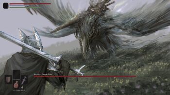 1boy 1other black_cape black_gloves boss_fight cape character_request commentary dark_souls_(series) dark_souls_iii dragon elden_ring elden_ring_nightreign english_commentary english_text gloves grass greatsword health_bar helmet highres holding holding_sword holding_weapon king_of_the_storm lightning nameless_king outdoors rashuu riding_dragon sword user_interface weapon winged_helmet wyvern