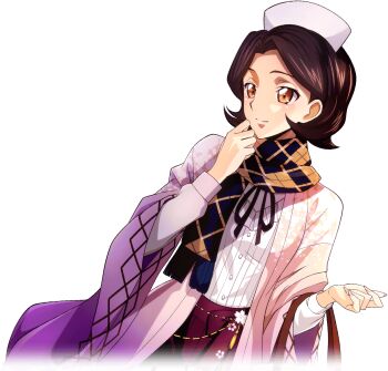 1girl artist_request bag black_ribbon breasts brown_hair buttons closed_mouth coat code_geass code_geass:_lost_stories dutch_angle elbow_carry female_focus game_cg hair_intakes hands_up happy holding holding_bag layered_sleeves long_sleeves looking_to_the_side maid_headdress neck_ribbon non-web_source official_art open_clothes open_coat orange_eyes pink_coat pleated_skirt purple_skirt ribbon scarf shinozaki_sayoko shirt shirt_tucked_in short_hair simple_background skirt small_breasts smile solo split_mouth standing tassel transparent_background two-tone_scarf upper_body white_shirt wide_sleeves