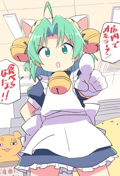 1girl :o absurdres ahoge angry animal_ears animal_hat apron back_bow bell blue_dress blue_ribbon bow cat_ears cat_hat commentary_request cowboy_shot dejiko di_gi_charat di_gi_charat_(1999) dress frilled_apron frills gema gloves green_eyes green_hair hair_bell hair_ornament hair_ribbon hand_on_own_hip hat henna_ikimono highres jingle_bell medium_hair neck_bell open_mouth parted_bangs petticoat pointing pointing_at_viewer puffy_short_sleeves puffy_sleeves ribbon roku_no_hito short_sleeves speech_bubble sweat translated two_side_up v-shaped_eyebrows white_apron white_bow white_gloves white_hat