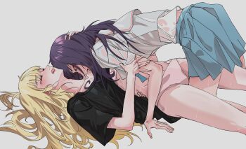 Rule 34 | 2girls, absurdres, backhop paro, black shirt, blonde hair, blue skirt, blush, bra, cho kaguya-hime!, closed eyes, clothes lift, collarbone, commentary request, girl on top, green eyes, grey background, hand on another's back, hickey, highres, kaguya (cho kaguya-hime!), korean commentary, long hair, lying, miniskirt, mole, mole under eye, multiple girls, nose blush, on back, open mouth, panties, pink bra, pink panties, pleated skirt, purple hair, sailor collar, sakayori iroha, school uniform, serafuku, shirt, shirt lift, short sleeves, simple background, skirt, sweaty clothes, tongue, tongue out, underwear, wet, wet clothes, wet shirt, white sailor collar, white shirt, yuri