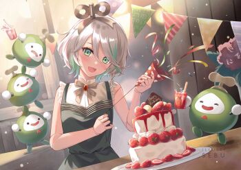 1girl :d bare_arms bare_shoulders beamed_eighth_notes black_dress cake cecilia_immergreen commentary confetti cup doll_joints dress drink drinking_glass drinking_straw english_commentary food fruit green_eyes green_hair grey_hair happy_birthday holding hololive hololive_english ice ice_cube indoors joints multicolored_hair musical_note musical_note_print open_mouth otomo_(cecilia_immergreen) party_popper pennant polka_dot quarter_note sebu_illust shirt sleeveless sleeveless_dress sleeveless_shirt smile strawberry streaked_hair streamers string_of_flags virtual_youtuber watermark white_shirt winding_key