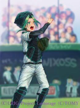 1girl baseball_glove baseball_uniform blurry blurry_background blush copyright_notice dqn_(dqnww) green_eyes green_hair green_hat hat looking_at_viewer medium_hair midoriko_(wixoss) official_art open_mouth outdoors pants shirt solo sportswear teeth upper_teeth_only white_pants white_shirt wixoss