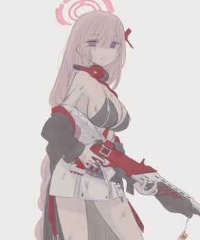 Rule 34 | 1girl, ammunition, bikini, black bikini, black jacket, blue archive, blue eyes, breasts, bruise, bruise on arm, bruise on chest, bruise on face, bruise on hand, bruise on leg, bruise on shoulder, bruise on stomach, bruise on wrist, bruised eye, commentary request, eimi (blue archive), eyes visible through hair, gun, hair between eyes, hair ornament, hair over one eye, hair ribbon, halo, headphones, headphones around neck, heterochromia, highres, holding, holding gun, holding weapon, injury, jacket, jacket partially removed, large breasts, long hair, looking at viewer, messy hair, millennium science school logo, partially undressed, pink hair, pump action, purple eyes, ribbon, shirt, shotgun, shotgun shell, skirt, solo, spas-12, swimsuit, takahisayuki, weapon, white background, white shirt, white skirt, zipper bikini