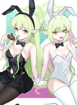 Rule 34 | 2girls, animal ear hairband, animal ears, black hairband, black leotard, black skirt, blue archive, breasts, breasts apart, brown pantyhose, candy, chocolate, chocolate heart, clothing cutout, commentary request, detached collar, earrings, fake animal ears, fang, food, food bite, green hair, groin, hairband, halo, heart, heart-shaped food, highres, hikari (blue archive), holding, holding chocolate, holding food, jewelry, jyu5280, leotard, long hair, looking at viewer, multiple girls, navel, navel cutout, necktie, nozomi (blue archive), open mouth, pantyhose, playboy bunny, pointy ears, rabbit ears, siblings, sidelocks, sisters, sitting, skin fang, skirt, small breasts, thighhighs, thighs, twins, twintails, upper body, very long hair, w, white hairband, white leotard, white thighhighs, wrist cuffs, yellow necktie