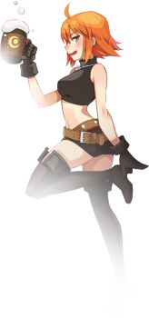 1girl alcohol alpha_transparency antenna_hair arm_at_side artist_request bare_arms bare_shoulders beer belt belt_buckle belted_shorts black_boots black_gloves black_shirt black_shorts blush boots breasts brown_belt buckle crop_top cropped_legs cropped_shirt crossed_belts cup drunk elbow_blush eyelashes gloves green_eyes holding holding_cup jewelry leg_up looking_to_the_side medium_breasts midriff mila_nebraska multiple_belts narrow_waist necklace nexon nose_blush official_art open_mouth orange_hair profile red_belt second-party_source shirt short_hair shorts sidelocks skinny skull_necklace sleeveless sleeveless_shirt solo standing standing_on_one_leg straight_hair tales_weaver tankard thigh_boots tight_clothes tight_shirt tongue transparent_background turtleneck turtleneck_shirt