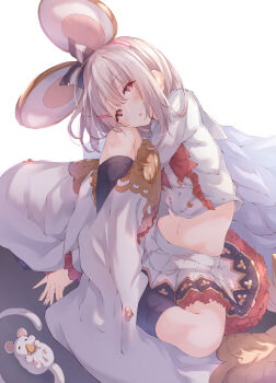 Rule 34 | 1girl, absurdres, animal ears, black bow, black socks, blush, bow, bowtie, buttons, crop top, double-breasted, fake animal ears, frilled skirt, frills, granblue fantasy, hair ornament, hairclip, head on knee, head tilt, highres, holding own leg, indian style, knee up, long sleeves, looking at viewer, midriff, miniskirt, mouse (animal), mouse ears, navel, parted lips, red eyes, short hair, sitting, skirt, socks, solo, stomach, ukiwakisen, vikala (granblue fantasy), white hair, white skirt, wide sleeves