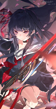 1girl absurdres artist_name black_choker black_hair black_jacket black_serafuku black_shirt black_skirt breasts chinese_commentary chisa_(wuthering_waves) choker closed_mouth commentary_request dated hair_ribbon highres holding holding_sword holding_weapon jacket long_hair looking_at_viewer medium_breasts neckerchief red_eyes red_neckerchief red_ribbon ribbon sailor_collar school_uniform serafuku shirt skirt solo sword thigh_strap thighs weapon white_sailor_collar wuthering_waves yubanbanzi