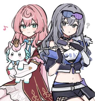 2girls ? animal black_shorts brushing_hair commentary_request dress green_eyes grey_eyes grey_hair hair_down highres holding holding_animal honkai:_star_rail honkai_(series) hyacine_(honkai:_star_rail) inuchacha_inu little_ica_(honkai:_star_rail) long_hair midriff multiple_girls musical_note navel pink_hair red_dress shorts silver_wolf_(honkai:_star_rail) twitter_username white_background