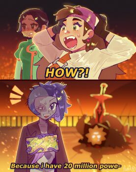 1other 3girls andrea_(knights_of_guinevere) baseball_cap black_hair blue_eyes blue_hair dress francesca_(knights_of_guinevere) hat highres humanoid_robot knights_of_guinevere long_hair multiple_girls orange_overalls overalls parody_request princess_guinevere purple_hat robot robot_girl short_hair stapled_face sword tuiffff weapon