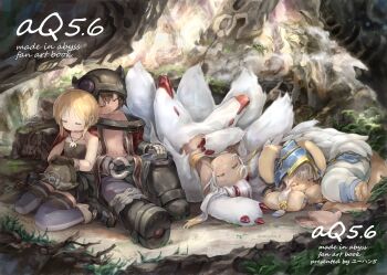 1boy 1other 2girls absurdres aq_gohan blonde_hair brown_fur brown_hair commentary_request extra_tails faputa furry helmet highres made_in_abyss mechanical_arms meinya_(made_in_abyss) multiple_girls nanachi_(made_in_abyss) narehate reg_(made_in_abyss) riko_(made_in_abyss) sleeping upside-down white_fur white_hair