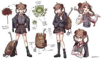 1girl ahoge asymmetrical_legwear backpack bag black_socks blue_jacket broken_heart broken_heart_hair_ornament brown_hair brown_shoes closed_mouth collared_shirt commentary dahlia english_commentary evil_neuro-sama flower flower_on_head full_body grey_vest hair_between_eyes hair_rings heart highres holding holding_lead_pipe jacket kapxapius lapels lead_pipe long_sleeves medium_hair miniskirt multiple_views necktie neuro-sama notched_lapels open_mouth plaid_clothes plaid_skirt red_eyes red_necktie school_uniform shirt shoes simple_background skirt socks standing tungsten_cube uneven_legwear vedal_ai vest virtual_youtuber white_background white_shirt