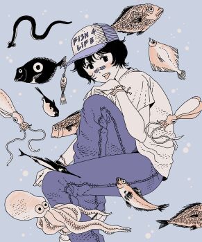 1girl absurdres animal_request bandaid bandaid_on_face bandaid_on_nose black_hair blue_pants denim fish flounder heidi_(heytherenrds) highres jeans octopus original pants shirt short_hair short_sleeves solo squid teeth tongue tongue_out upper_teeth_only white_shirt