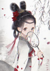 Rule 34 | 1girl, black hair, branch, brown eyes, chinese clothes, earrings, facial mark, flower, forehead, hair ornament, hand fan, hanfu, highres, holding, holding fan, jewelry, long sleeves, petals, procreate (medium), qixiong ruqun, rabbit hairstyle, ruqun, solo, tuanshan, upper body, wenwen ww, willow