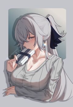 Rule 34 | 1girl, absurdres, artist name, au. (6668743106), border, breasts, bronya zaychik, bronya zaychik (outstanding attitude), bronya zaychik (silverwing: n-ex), chinese commentary, cleavage, commentary request, cropped torso, dated, gift, grey background, grey border, grey eyes, grey hair, grey sweater, highres, holding, holding gift, honkai (series), honkai impact 3rd, large breasts, long hair, official alternate costume, ribbed sweater, solo, sweater, valentine, very long hair