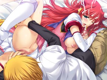 1boy 1girl aqua_eyes bed bed_sheet blonde_hair blue_eyes blush boots breasts breasts_out censored choukou_(alicesoft) choukou_tenshi_escalayer clothing_aside cum cum_on_body cum_on_breasts cum_on_clothes cum_on_hair cum_on_upper_body ejaculation elbow_gloves escalayer facial fingering game_cg gloves hair_ornament hetero knee_boots kouenji_sayuka large_breasts large_variant_set leg_lift leg_up long_hair lying magical_girl mosaic_censoring nipples non-web_source official_art on_side one_eye_closed onigirikun open_clothes open_mouth oral penis pussy pussy_juice red_hair shirt skirt spread_legs sweat thigh_strap underwear variant_set very_long_hair white_gloves yanase_kyouhei