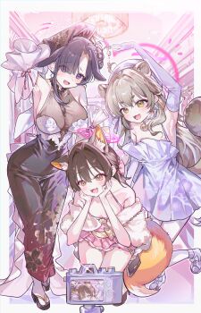 0202ase 3girls absurdres animal_ears arm_up armpits bell blue_archive breasts camera capelet choker dress droopy_ears ears_down elbow_gloves floppy_ears flower-shaped_hair fox_ears fox_girl fox_tail full_body fur_capelet fur_shawl gloves hair_over_one_eye halo highres izuna_(blue_archive) izuna_(dress)_(blue_archive) kimono_dress large_breasts lop_rabbit_ears michiru_(blue_archive) michiru_(dress)_(blue_archive) multiple_girls neck_bell ninjutsu_research_club_(blue_archive) official_alternate_costume official_alternate_hairstyle pink_dress pink_halo pink_sleeves purple_halo rabbit_ears rabbit_girl raccoon_ears raccoon_girl raccoon_tail see-through_cleavage see-through_clothes see-through_shirt shawl shirt shuriken_earrings smile squatting tail taking_picture tsukuyo_(blue_archive) tsukuyo_(dress)_(blue_archive) white_choker white_dress white_gloves