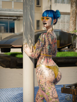 1girl 3d ass bikini blue_hair cheri_nowlin cyberpunk_(series) cyberpunk_2077 day earrings full-body_tattoo gold_bikini highres hoop_earrings jewelry looking_at_viewer looking_back outdoors solo swimsuit tattoo v01dwatcher