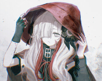 1girl adjusting_clothes black_flower black_jacket cape chinese_commentary commentary_request flower grey_background grey_eyes grey_hair hair_flower hair_ornament hair_over_one_eye hood hood_up hooded_cape hourai_kiriri isekaijoucho jacket kamitsubaki_studio long_hair multicolored_hair red_cape red_hair solo two-tone_hair virtual_youtuber