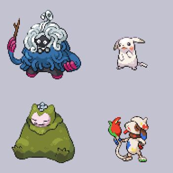 alternate_form closed_eyes closed_mouth fangs flower full_body gen_1_pokemon gen_2_pokemon gen_4_pokemon glasses holding holding_own_tail holding_stick moss mosslax nintendo no_humans onigashira_ginkaku paint paint_on_body peakychu pikachu pixel_art pokemon pokemon_(creature) pokemon_focus pokemon_pokopia professor_tangrowth round_eyewear simple_background sleeping smeargle smearguru smile snorlax stick tail tangrowth tentacles tm_(pokemon) tongue tongue_out