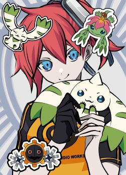 Rule 34 | 1girl, absurdres, aiba ami, black shirt, blue eyes, breasts, digimon, digimon (creature), digimon story: cyber sleuth, hagurumon, highres, horns, palmon, red hair, shirt, side ponytail, single horn, solo, solo focus, tai (cheungsk1213), terriermon, two-tone shirt, upper body, yellow shirt