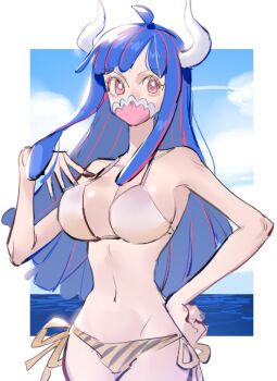 1girl ahoge alternate_costume bare_arms bikini blue_hair blue_nails blue_sky blunt_bangs border breasts cleavage cloud cloudy_sky commentary cowboy_shot halterneck horns large_breasts long_hair looking_at_viewer mask mouth_mask nail_polish navel ocean one_piece outside_border pink_eyes raine_(acke2445) side-tie_bikini_bottom sidelocks sky solo stomach swimsuit symbol-only_commentary ulti_(one_piece) white_bikini white_border