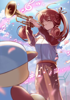1boy 1girl ahoge baseball_cap baseball_uniform bass_clef beamed_sixteenth_notes blue_sky brown_hair chain-link_fence closed_eyes closed_mouth cloud cloudy_sky curly_ends eighth_note facing_away fence hair_ribbon half_rest hat holding holding_instrument holding_trumpet instrument jacket jikkyou_powerful_pro_yakyuu jikkyou_powerful_pro_yakyuu_(style) long_hair multicolored_jacket music musical_note orange_jacket orange_pants otobuki_kanade outdoors pants pink_petals playing_instrument power_pro_kun quarter_rest ribbon sharp_sign sky sportswear star_(symbol) track_jacket treble_clef trumpet two-tone_jacket white_hat white_jacket whole_note zyuma