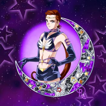 Rule 34 | 1girl, bishoujo senshi sailor moon, bishoujo senshi sailor moon stars, black gloves, black sailor collar, black shorts, breasts, brown hair, choker, circlet, commentary, cowboy shot, crescent, drachea rannak, earrings, elbow gloves, english commentary, gloves, groin, hand on own hip, highres, jewelry, long hair, medium breasts, navel, ponytail, purple choker, purple eyes, sailor collar, sailor star maker, shorts, solo, star (sky), star (symbol), star earrings, starry background, taiki kou, very long hair, watermark