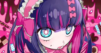 Rule 34 | 1girl, absurdres, aqua eyes, blunt bangs, commentary, frilled ribbon, frills, highres, korean commentary, lolita fashion, looking at viewer, multicolored hair, open mouth, panty &amp; stocking with garterbelt, pink hair, purple hair, ribbon, solo, stocking (psg), striped hair, two-tone hair, uuunagidon