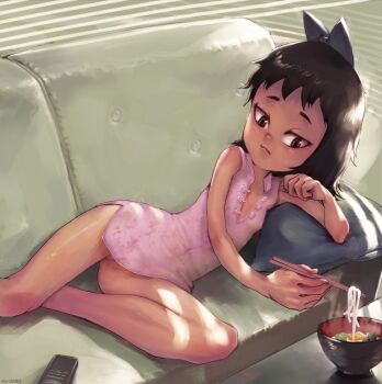 1girl black_hair blue_bow bow bowl brown_eyes china_dress chinese_clothes chopsticks clitoris collarbone conoghi controller couch covered_erect_nipples disney dress female_focus flat_chest food hair_bow loli long_hair lying no_panties noodles phineas_and_ferb pillow pink_dress pussy remote_control see-through_clothes sleeveless sleeveless_dress solo stacy_hirano steam uncensored
