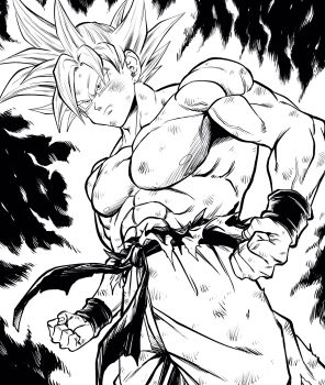 Rule 34 | 1boy, abs, aura, clenched hands, commentary request, dirty, dirty face, dragon ball, dragon ball super, dutch angle, frown, high-waist pants, highres, lee (dragon garou), male focus, muscular, muscular male, pants, pectorals, profile, serious, solo, son goku, topless male, torn clothes, ultra instinct