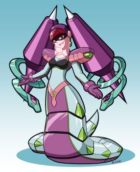 Rule 34 | 1girl, armor, artist name, blue background, breasts, cleavage, cleavage cutout, clothing cutout, em wave change (mega man), gloves, gradient background, helmet, highres, lamia, looking at viewer, luna platz (mega man), mega man (series), mega man star force (series), midriff, monster girl, mouth veil, open mouth, purple gloves, purple helmet, queen ophiuca (mega man), red eyes, robert j case, shoulder armor, signature, smile, snake, veil