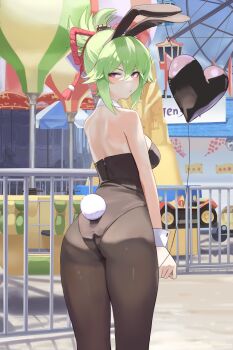 1girl absurdres alternate_costume amusement_park animal_ears ass back balloon bare_shoulders black_leotard black_pantyhose breasts carousel dolri ferris_wheel from_behind genshin_impact green_hair hair_ornament heart_balloon highres holding holding_balloon kuki_shinobu leotard looking_back medium_breasts outdoors pantyhose playboy_bunny ponytail purple_eyes rabbit_ears rabbit_tail railing rope shimenawa short_ponytail solo tail wrist_cuffs