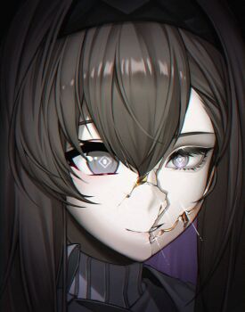 1girl arknights brown_hair close-up colored_inner_hair commentary cracked_kawaii_mask cracked_mask diamond-shaped_pupils diamond_(shape) english_commentary etru_faufau grey_hair grin hair_intakes highres long_hair looking_at_viewer multicolored_hair portrait priestess_(arknights) purple_eyes purple_hair smile solo symbol-shaped_pupils