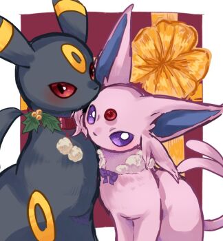 animal_focus blush christmas christmas_present collar commentary_request espeon forehead_jewel gen_2_pokemon gift looking_at_viewer lvli_x2 nintendo no_humans pokemon pokemon_(creature) pokemon_focus purple_eyes red_eyes ribbon simple_background sitting umbreon white_background