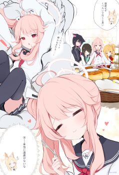 5girls airi_(blue_archive) blue_archive bread food japanese_text kazusa_(blue_archive) multiple_girls natsu_(blue_archive) pink_hair sakurano_rocco school_uniform seia_(blue_archive) side_ponytail simple_background white_background yoshimi_(blue_archive)