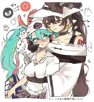 Rule 34 | 2girls, aqua eyes, aqua hair, black bow, black choker, black gloves, black hair, black skirt, blush, bow, breasts, chamopichamo, choker, cleavage, collared shirt, commentary request, dark miku (project voltage), dress, earrings, gloves, gold earrings, grabbing another's breast, groping, hairband, hat, hat bow, hatsune miku, heart, height difference, highres, jewelry, large breasts, long hair, long sleeves, looking at another, multiple girls, nintendo, open mouth, poke ball print, pokemon, project voltage, psychic miku (project voltage), red eyes, shirt, skirt, smile, twintails, vocaloid, white dress, white hairband, white hat, white shirt, yuri