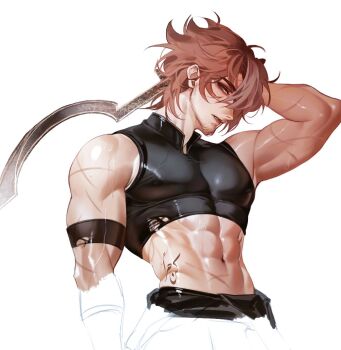 1boy abs aloygalaxy arm_behind_head brown_eyes brown_hair character_request copyright_request covered_erect_nipples covered_pectorals facial_hair highres large_pectorals male_focus multiple_scars navel pectorals scar scar_on_arm scar_on_face scar_on_stomach short_hair simple_background solo unfinished upper_body white_background
