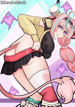 Rule 34 | 1girl, ass, breasts, butt crack, clothes pull, cow girl, female focus, genshin impact, gluteal fold, highres, horns, huge ass, kurodahlia18, large breasts, miniskirt, skirt, socks, solo, tail, thick thighs, thighs, varesa (genshin impact)