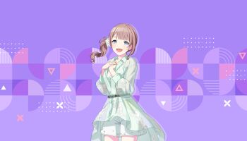 Rule 34 | 1girl, :d, asymmetrical sidelocks, belt, blue eyes, breasts, brown belt, brown hair, buttons, camisole, collarbone, collared jacket, colorful palette, cowboy shot, dot nose, floral print, game cg, gem, green jacket, green nails, hair ornament, hair scrunchie, hands on own chest, hands up, highres, jacket, jewelry, light blush, looking at viewer, medium breasts, medium hair, mochizuki honami, official alternate costume, official art, open mouth, own hands together, path made by faith (project sekai), pearl (gemstone), ponytail, project sekai, purple background, ring, scrunchie, see-through clothes, see-through jacket, see-through sleeves, shorts, side ponytail, sidelocks, smile, solo, spaghetti strap, star (symbol), strap slip, swept bangs, third-party source, triangle, upper body, wavy hair, white camisole, white scrunchie, white shorts