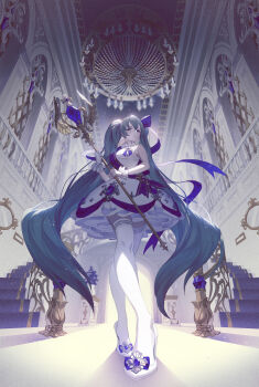 Rule 34 | 1girl, absurdres, aqua eyes, aqua hair, arch, ceiling, chandelier, commentary request, dress, fajyobore, foreshortening, from below, full body, gloves, hair ribbon, hatsune miku, high heels, highres, indoors, lace, lace-trimmed thighhighs, lace trim, legs, long hair, perspective, revision, ribbon, scepter, shoes, sleeveless, sleeveless dress, stairs, standing, thighhighs, twintails, very long hair, vocaloid, white gloves, white shoes, white thighhighs, window