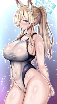 1girl animal_ear_fluff animal_ears blonde_hair blue_archive blue_eyes blue_halo breasts cameltoe colorized commentary_request competition_swimsuit covered_navel dog_ears dog_girl extra_ears hair_over_one_eye halo highleg highleg_one-piece_swimsuit highres kanna_(blue_archive) kanna_(minamozuki) kanna_(swimsuit)_(blue_archive) large_breasts long_hair looking_at_viewer notched_ear official_alternate_costume one-piece_swimsuit ponytail solo swimsuit white_one-piece_swimsuit