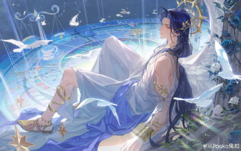 1boy absurdres analog_clock ancient_greek_clothes angel angel_wings anklet arm_cutout armlet astronomical_clock balance_scale bare_shoulders bird blue_eyes blue_flower blue_hair blue_rose blue_sash bracelet bracer braid cancer_(symbol) chinese_commentary christmas_star clarence_clayden clock clothing_cutout constellation curtained_hair dove feathered_wings flower frown full_body gemini_(symbol) gold_armlet gold_bracelet gold_shoes greco-roman_clothes halo halo_behind_head highres himation jewelry laurel_crown leaf_bracelet leo_(symbol) libra_(constellation) long_hair looking_at_viewer lovebrush_chronicles male_focus mole mole_under_eye parted_bangs parted_lips pillar plant puffy_short_sleeves puffy_sleeves robe rose sash shoes short_sleeves side_braid sideways_glance sitting smile solo spiked_halo spread_legs star_(symbol) taurus_(symbol) toga too_ko vines watermark weibo_watermark weighing_scale white_flower white_robe white_rose white_wings wings