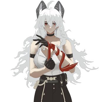 Rule 34 | 1girl, armband, black armband, black choker, black horns, choker, curled horns, earrings, highres, horns, jewelry, key earrings, nervi fd, red eyes, simple background, solo, upper body, white background, white hair, wuthering waves, zani (wuthering waves)