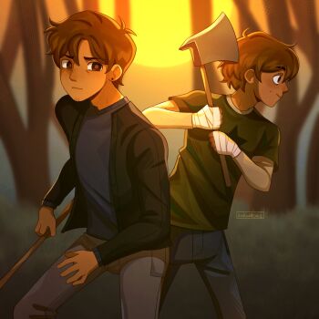 Rule 34 | 2boys, alternate costume, alternate universe, antenna hair, artist name, axe, bandaged hand, bandages, black eyes, black pants, blue pants, blue sweater, blurry, blurry background, brothers, brown hair, closed mouth, commentary, double-parted bangs, ear piercing, english commentary, facial hair, goatee stubble, green shirt, hair between eyes, hero (faraway) (omori), hero (omori), highres, holding, holding axe, kel (faraway) (omori), kel (omori), long sleeves, looking at viewer, male focus, multiple boys, omori, pants, piercing, shirt, short hair, siblings, smile, stubble, sweater, t-shirt, zoewillowz