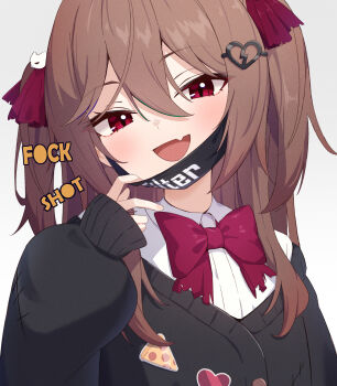 1girl badge bow bowtie broken_heart broken_heart_hair_ornament brown_hair button_badge chahanramen commentary dress_shirt english_commentary english_text evil_neuro-sama fang hair_between_eyes hair_ribbon heart highres long_hair long_sleeves looking_at_viewer mask mouth_mask neuro-sama off-shoulder_cardigan open_mouth red_bow red_bowtie red_eyes red_ribbon ribbon shirt simple_background skin_fang solo two_side_up upper_body v-neck vedal_ai virtual_youtuber white_background