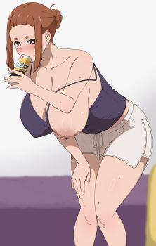 1girl blush breasts brown_eyes brown_hair can choco_monaka cleavage collarbone curvy drink_can hanging_breasts highres holding holding_can huge_breasts kaii_to_otome_to_kamikakushi looking_at_viewer mole mole_under_eye nipples no_bra ogawa_sumireko one_breast_out shorts sidelocks solo sweat tank_top thick_thighs thighs white_shorts