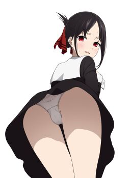 1girl ass black_dress black_hair blush coro_fae dress embarrassed folded_ponytail from_below hair_ribbon highres kaguya-sama_wa_kokurasetai_~tensai-tachi_no_renai_zunousen~ looking_down panties parted_bangs red_eyes red_ribbon ribbon school_uniform shinomiya_kaguya short_hair shuuchiin_academy_school_uniform sidelocks simple_background solo sweatdrop thighs turning_head underwear upskirt white_background white_panties
