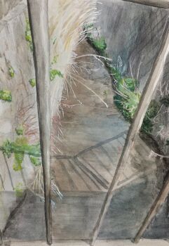 bush chain-link_fence day fence harusa1107 highres iron_bars no_humans original painting_(medium) river riverbank scenery shadow sunlight traditional_media tree watercolor_(medium)